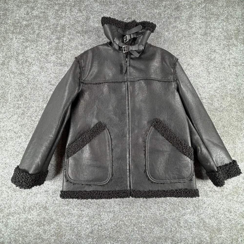 Max Studio Jacket Womens Faux Leatherette Full Zip‎ Funnel Neck Warm Cozy Winter
